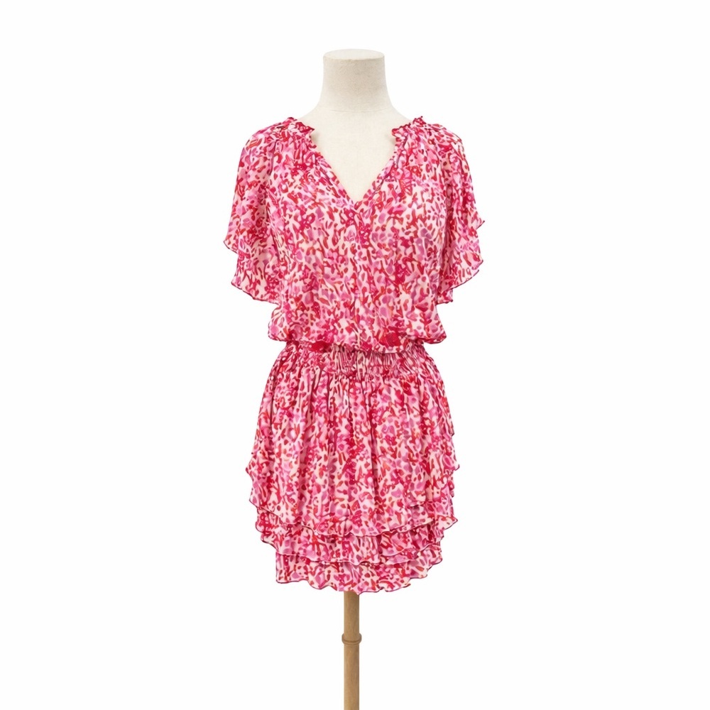 NWT Poupette St Barth S Elsa dress pink 0377 floral ruffle layered short tassel